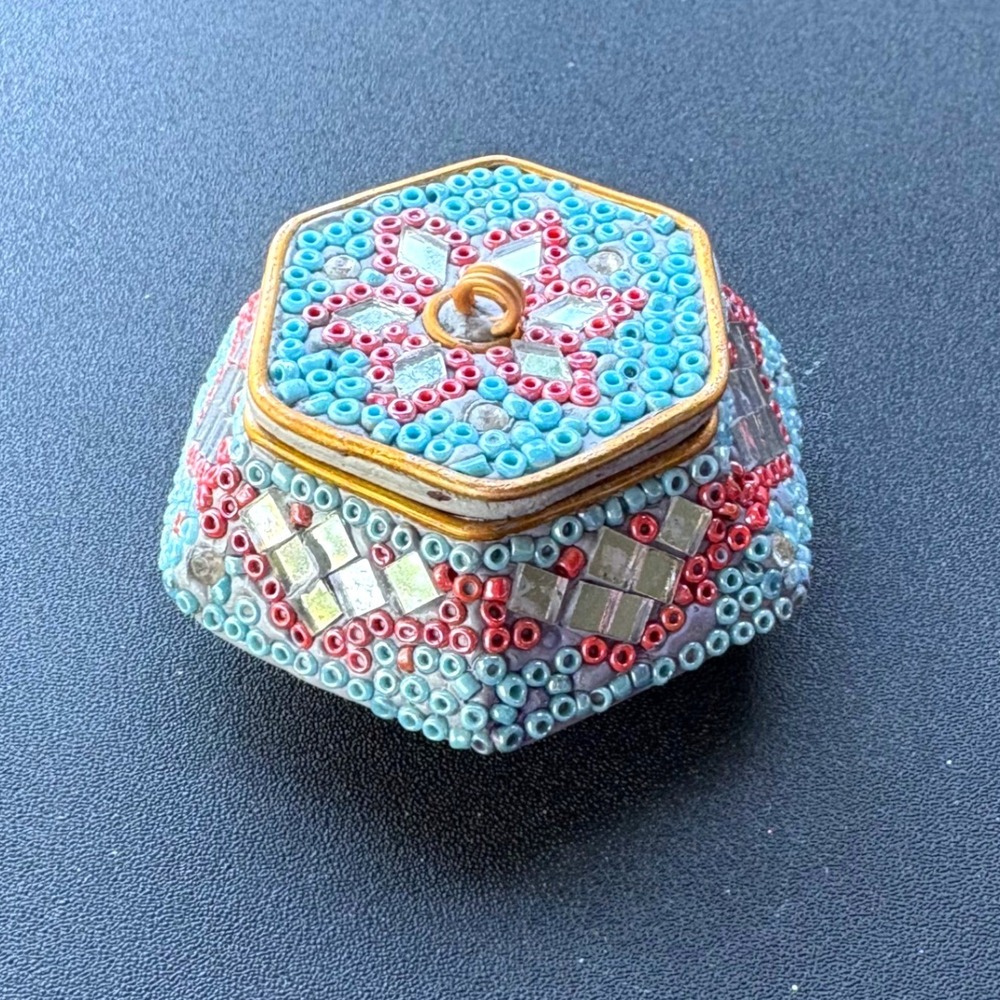 Two's Company Hexagon Trinket Box India Beaded Mirror Mosaic Turquoise Red Boho